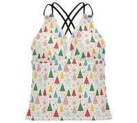 Haut tankini pour femme, haut de maillot de bain à col en V, taille XS, Sapins de Noël colorés et flocons de neige à pois Beige, Taille M