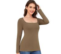 Haut Thermique Femme Manche Longue sous-vêtements Thermiques sous Pull Femme Hiver Chaud Maillot de Corps Col carrée T-Shirt Confortable (Marron Clair,S)