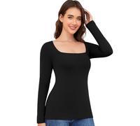 Haut Thermique Femme Manche Longue sous-vêtements Thermiques sous Pull Femme Hiver Chaud Maillot de Corps Col carrée T-Shirt Confortable (Noir,L)