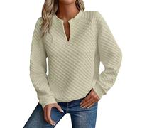 Haut thermique pour femme - Chemisier texturé à manches - Col en V - Pull à capuche - Automne et hiver - Vêtements d'automne 2025 pour la vie quotidienne - Cadeaux de Noël, beige, L