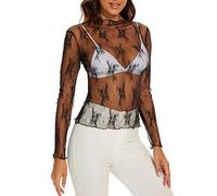 Haut transparent à manches longues pour femmes : haut en maille pour femme T-shirt transparent sexy à manches longues T-shirt transparent chemisier en maille transparente Tunique décontractée Clubwear