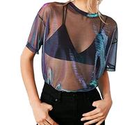 Haut Transparent Femme Manches Courtes- Haut Sexy Ete en Maille Laser Nouveaux Chic Et Élégants T-Shirt Décontracté Comfortable Léger Respirante Vintage Haut Simple Ample pour Fête Disco Top
