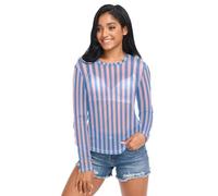 Haut transparent pour femme, rayures rayées bleues et blush, esthétique, mignon, manches longues en maille transparente, taille S, Preppy Rayures Blush/Bleu, L