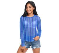 Haut transparent pour femme, rayures verticales minimalistes mignonnes bleues pastel, col rond en maille transparente S, Minimaliste Mignon Blue Berry Pastel Vertical Line, M