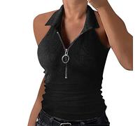 Haut tricoté Femme Col de chemise d'été : débardeur femme court serré : avec fermeture éclair dos nu top sexy en maille côtelée mince hauts sans manches polo spaghetti crop top coupe slim top d'été
