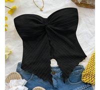 Haut tube texturé de style station balnéaire pour adolescentes en noir et moutarde avec torsion à l'avant et volants. Blouse ajustée convenant pour le thé de l'après-midi, le streetwear, les vacances,