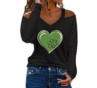 Haut uni à manches longues pour femme, coupe ample, chemise de St Day pour femme, manches longues, épaules dénudées, col en V, t-shirt irlandais vert mignon en forme de cœur pour sports d'intérieur et