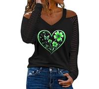 Haut uni à manches longues pour femme, coupe ample, chemise de St Day pour femme, manches longues, épaules dénudées, col en V, t-shirt irlandais vert mignon en forme de cœur pour sports d'intérieur et