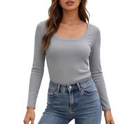 Haut Y2k basique pour femme - Col en U - Manches longues - Coupe ajustée - En maille côtelée - Élégant - Stretch - Décontracté - Couleur unie - Coupe ajustée