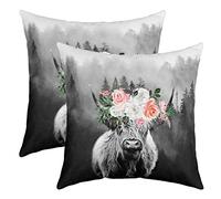 Hautes Terres Vache Taie d'oreiller 60x60cm Lot De 2 Soft Hautes Terres Cattle Fleurs Taie Oreiller Housse de Coussin pour Canapé Chambre Voitures Réversible Western Décor Housse Coussin