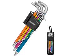 HAUTMEC Lot de 9 clés Allen métriques avec extrémité sphérique, lot de 9 clés hexagonales à bras extra long, en acier S2 Pro, 1,5 à 10 mm, manchon à code couleur avec pochette à boucle de ceinture
