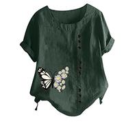 Hauts à Boutons Coton et Lin pour Femmes Col Rond Chemisier Manches Courtes T-Shirt Couleur Unie Grande Taille Chic et Élégant Été Décontracté Tunique Top Casual Coton Lin Blouse Taille S à 5XL