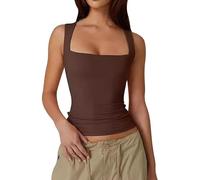 Hauts à bretelles fines et col en V pour style d'été décontracté 2024 nouveau t-shirt sexy col doux sans manches double ligne t-shirt coupe ajustée haut 3XL hauts pour femmes, café, L