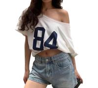 Hauts à épaules dénudées pour Femmes Maillot y2k à Manches Courtes t-Shirts surdimensionnés Graphiques t-Shirts e-Girl (Blanc,M)