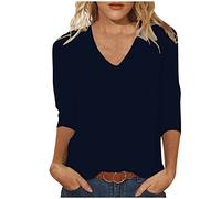 Hauts à manches 3/4 pour femme - Couleur unie - Col en V - Manches trois-quarts - Pour l'été - Tunique - Pour les vacances, les loisirs, la course, les adolescentes, les filles, le streetwear