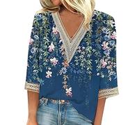 Hauts à Manches 3/4 pour Femmes T Shirt Grande Taille Femme Tshirt Coton T-Shirt Femme Ete Top Crochet Femme Hauts en Coton à Manches 3/4 pour Femmes Top Boheme Chic Crup Top Femme Tee