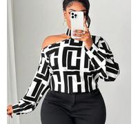 Hauts à manches longues asymétriques à épaules découvertes imprimés pour femmes de grande taille 0XL,1XL,2XL,3XL,4XLLettres,Tout ImpriméTissu tissé