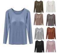 Hauts à manches longues pour femme avec soutien-gorge intégré - Col rond - Tunique basique unie - T-shirt extensible pour femme - Couleur unie - Décontracté - Pull à encolure dégagée - Chemisier en
