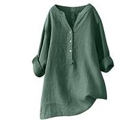 Hauts à manches longues pour femme, chemises décontractées en coton et lin à manches enroulables et col en V pour femme, hauts d'été surdimensionnés, amples et grande taille, pull-over ample, tenues