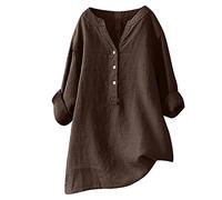 Hauts à manches longues pour femme, chemises décontractées en coton et lin à manches enroulables et col en V pour femme, hauts d'été surdimensionnés, amples et grande taille, pull-over ample, tenues