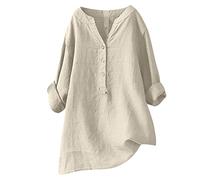 Hauts à manches longues pour femme, chemises décontractées en coton et lin à manches enroulables et col en V pour femme, hauts d'été surdimensionnés, amples et grande taille, pull-over ample, tenues
