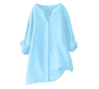 Hauts à manches longues pour femme, chemisiers d'été décontractés en coton et lin, manches enroulables, col en V, t-shirts surdimensionnés, amples et confortables, grande taille, A008 Bleu, 34