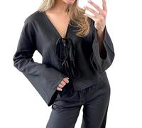 Hauts à nouer sur le devant, chemisier à manches bouffantes, boutonnière, péplum, volants, t-shirts mignons, Noir , XL