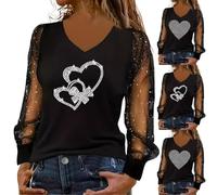 Hauts à paillettes grande taille, haut à manches longues en maille à paillettes - Sweat-shirt ample scintillant décontracté col en V chemises à paillettes confortables sweatshirts tendance cœur strass