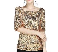 Hauts à paillettes pour femme - Doré - Hauts à paillettes - Chemisier à manches 3/4 - Grandes tailles - Haut à paillettes - Pour le début de l'été - Tunique de soirée - Soirée - Mariage, or, XXL