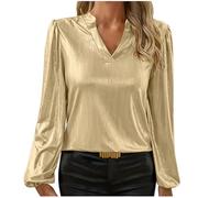 Hauts à paillettes pour femme - Élégant - Doré - Manches longues - Manches lanternes - Pull uni - Col en V - Chemisier festif - Tunique festive - Col montant - Manches longues - Paillettes, or, XL