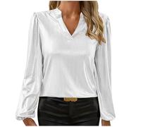 Hauts à paillettes pour femme - Élégant - Doré - Manches longues - Manches lanternes - Pull uni - Col en V - Chemisier festif - Tunique festive - Col montant - Manches longues - Paillettes, Blanc