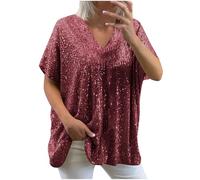 Hauts à paillettes pour femme - Grandes tailles - Manches courtes - Col en V - T-shirt festif - Tenue du Nouvel An, Bordeaux, M