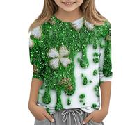 Hauts Adolescents Filles Jour de la Saint-Patrick T-shirt à manches 3/4 Sweat-shirt à manches longues avec motif en polyester Col rond pour le quotidien et les loisirs, 01-Army Green, 110 cm