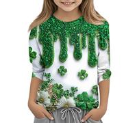 Hauts Adolescents Filles Jour de la Saint-Patrick T-shirt à manches 3/4 Sweat-shirt à manches longues avec motif en polyester Col rond pour le quotidien et les loisirs, Vert (01), 110 cm