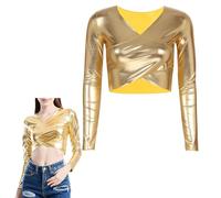 Hauts brillants à manches longues pour femmes, haut à manches longues extensible liquide métallique, col en V, chemisiers sexy en cuir verni coupe ajustée pour tenue de club, t-shirt de club de danse