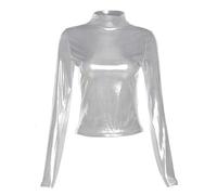 Hauts brillants à manches longues pour femmes, hauts à col roulé liquide métallique, tunique de pulls décontractés à coupe ajustée pour Clubwear, chemisier en t-shirt d'aspect cuir massif de fête