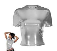 Hauts brillants pour femmes, t-shirt ajusté à manches courtes métalliques holographiques, chemisier de soirée à col montant et haut court scintillant, chemisier t-shirt Disco scintillant scintillant