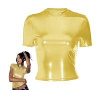 Hauts brillants pour femmes, t-shirt ajusté à manches courtes métalliques holographiques, chemisier de soirée à col montant et haut court scintillant, chemisier t-shirt Disco scintillant scintillant