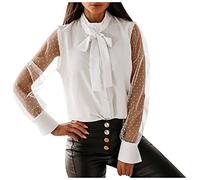 Hauts Chemisier Solid Shirt Mesh Splice Manches Longues Bretelles Tunique Col Montant Élégant Chemisier Femme Chemisier Rouge Sexy, Blanc., M