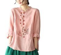 Hauts Chinois De Style Ethnique Rétro Pour Femmes Chemise Ample Et Décontractée Grande Taille Broderie Exquise Chemisier Traditionnel Hanfu (Color : Pink, Size : 3XL)