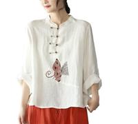 Hauts Chinois De Style Ethnique Rétro Pour Femmes Chemise Ample Et Décontractée Grande Taille Broderie Exquise Chemisier Traditionnel Hanfu (Color : White, Size : L)
