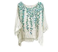 Hauts Col Rond Imprimé Fleuri Coton et Lin Tee Shirt Femme à Volants Impression Décontractée Mode Manches 3/4 Chemise de Travail Chic et Élégant Blouses Confortable Doux D'été Automne pour Bureau