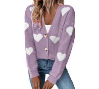 Hauts confortables pour la Saint-Valentin pour femmes, manches longues, imprimé sur le devant, col en V, cardigan en tricot pour cadeaux 2026, violet, S