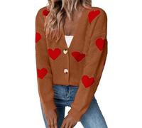 Hauts confortables pour la Saint-Valentin pour femmes, manches longues, imprimé sur le devant, col en V, cardigan en tricot pour cadeaux 2026, café, L