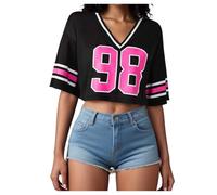 Hauts courts à col en V pour femmes, T-shirts courts d'été décontractés, tendance, sportifs, demi-chemises amples, à manches courtes, t-shirts graphiques mignons, Noir , L