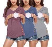 Hauts d'Allaitement 3 Pack Vetement Grossesse et Maternité Blouses et Chemises Maternité Top Allaitement Femme Double Couche Ouvert D'été Couleur Pure Manches Courtes Col Rond Tee Shirt Grossesse