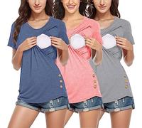 Hauts d'Allaitement 3 Pack Vetement Grossesse et Maternité Blouses et Chemises Maternité Top Allaitement Femme Double Couche Ouvert D'été Couleur Pure Manches Courtes Col Rond Tee Shirt Grossesse