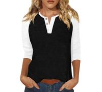 Hauts d'automne pour femmes 2025 col en V manches 3/4 Henley chemises décontractées boutonnées patchwork chemisiers pour femmes tendance légers confortables doux, Noir , M