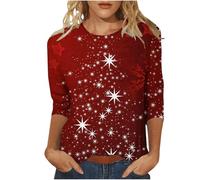 Hauts de Fête de Noël pour Femmes UK Grande Taille Manches 3/4 Col Rond Vacances Décontracté Paillettes Scintillantes Sapins de Noël Imprimés Graphique Pull Chemises Coupe Ample Sortie Hauts Tunique