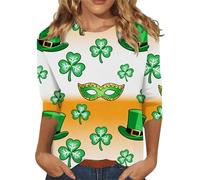 Hauts de la Saint-Patrick pour femme à manches 3/4 pour la Saint-Patrick - T-shirt trèfle porte-bonheur - Masque imprimé trèfle - Chemisier d'été irlandais - T-shirt de célébration irlandaise - Tenue